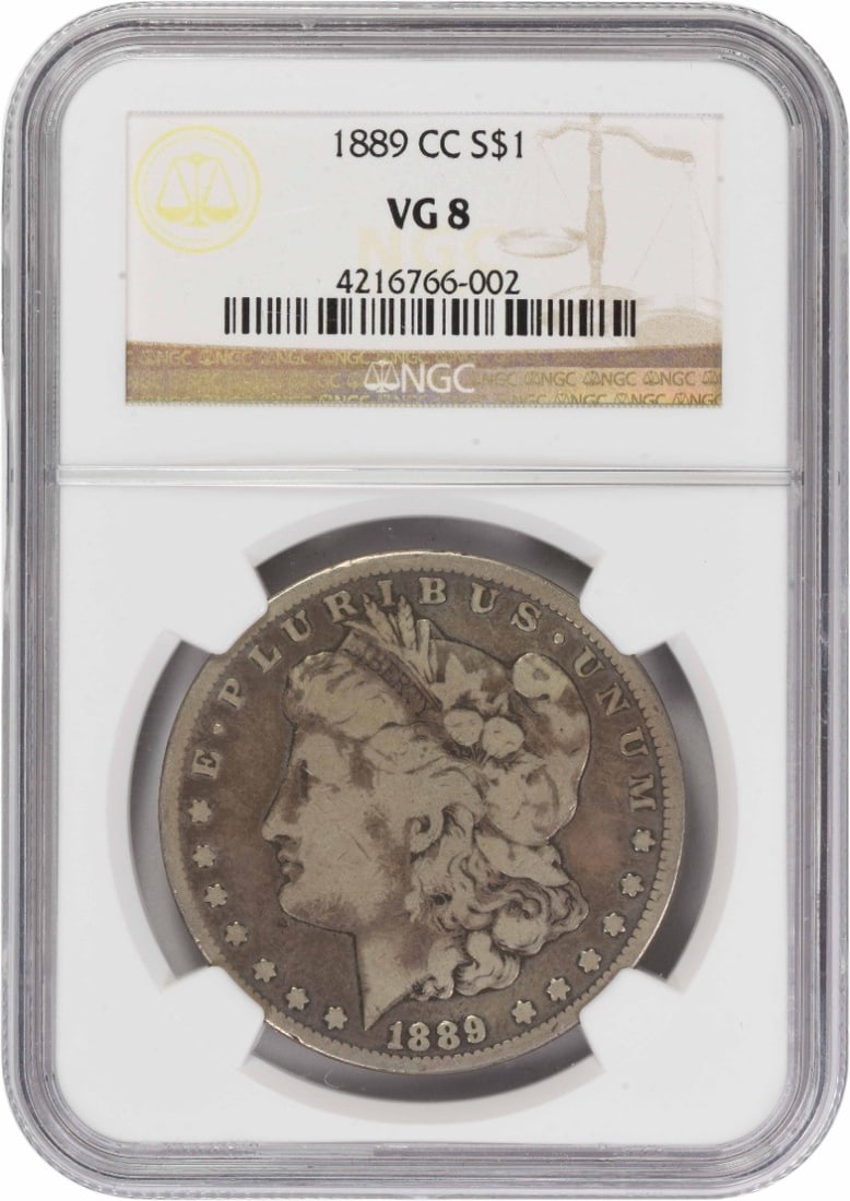 Carson City 1889 Morgan Dollar NGC VG08 Certified Silver Coin: Carson City 1889 Morgan Dollar NGC VG08 Certified Silver Coin This 1889-CC Morgan Silver Dollar is graded VG08 by NGC and features the iconic design by George T. Morgan. Struck at the Carson City Mint