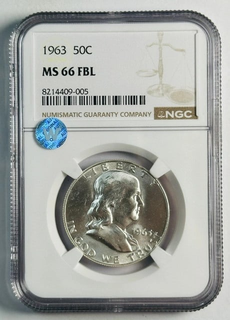 NGC MS-66 FBL 1963 Silver Franklin Half Dollar Rare Date: NGC MS-66 FBL 1963 Silver Franklin Half Dollar Rare Date This 1963 Franklin Half Dollar is certified by NGC with a grade of MS-66 and features Full Bell Lines (FBL), making it a rare date for collecto