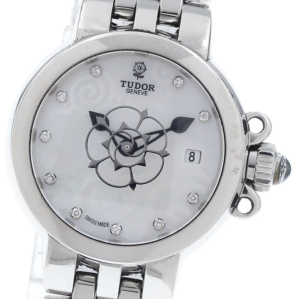 TUDOR Claire de Rose 35100 Diamond Date Automatic Womens Watch: TUDOR Claire de Rose 35100 Diamond Date Automatic Womens Watch This Tudor Claire de Rose Date women's wristwatch features a stainless steel case and bracelet with a white mother-of-pearl dial adorned 