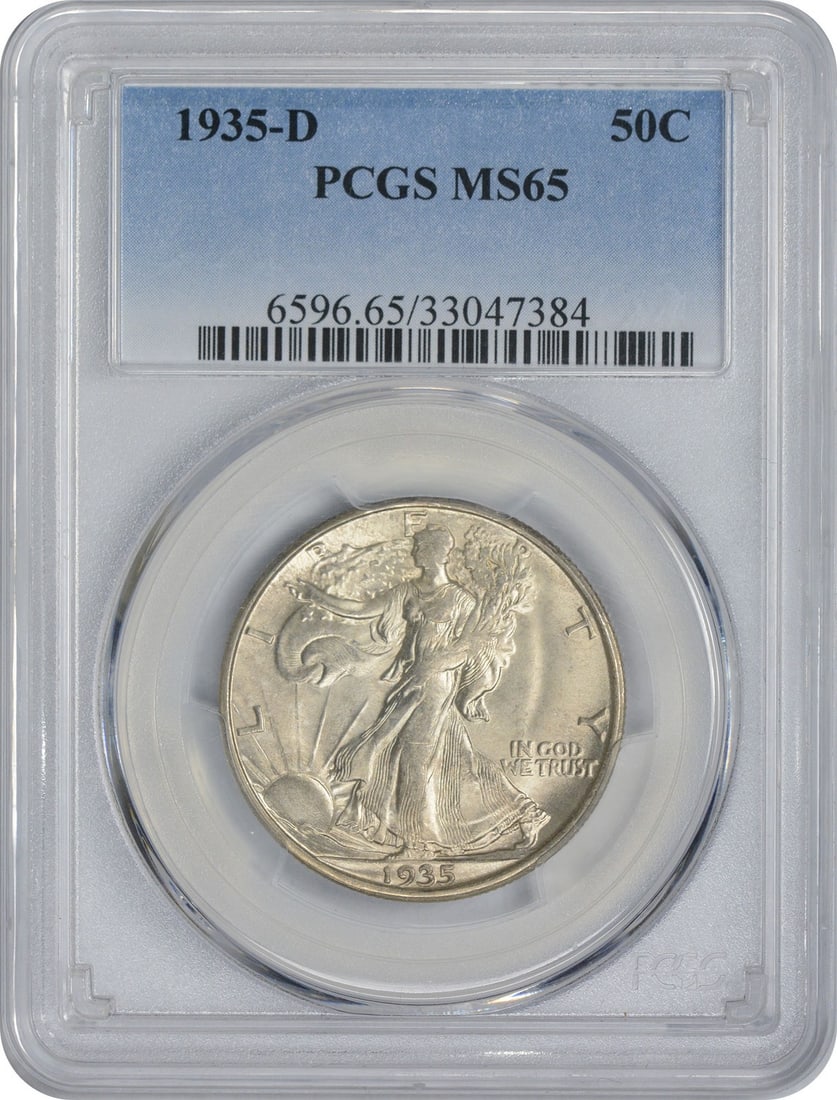 1935-D Walking Liberty Half Dollar MS65 PCGS 90% Silver: 1935-D Walking Liberty Half Dollar MS65 PCGS 90% Silver This 1935-D Walking Liberty Half Dollar is a stunning example of coinage, graded MS65 by PCGS. It features a beautiful design by Adolph Alexande