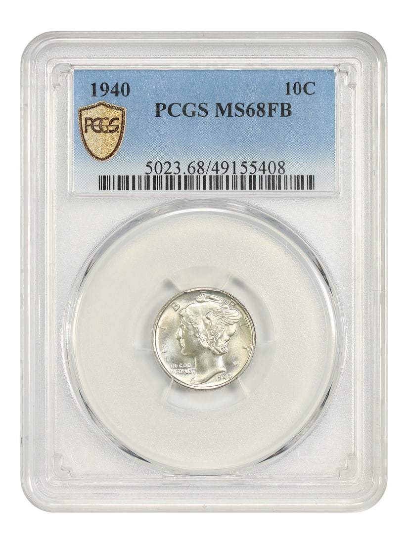 PCGS MS68FB 1940 Mercury Dime 10C Philadelphia Mint: PCGS MS68FB 1940 Mercury Dime 10C Philadelphia Mint 1940 Mercury Dime graded PCGS MS68FB. This uncirculated Philadelphia issue has faint champagne surfaces with a frosty texture and radiant mint bloom