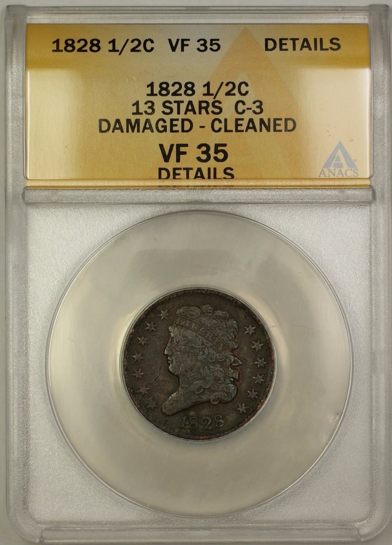 1828 Classic Head Half Cent ANACS VF-35 C-3 Damaged Cleaned Copper Coin: 1828 Classic Head Half Cent ANACS VF-35 C-3 Damaged Cleaned Copper Coin This is an 1828 Classic Head Half Cent coin featuring 13 stars, minted in Philadelphia. The coin is composed of copper and has b