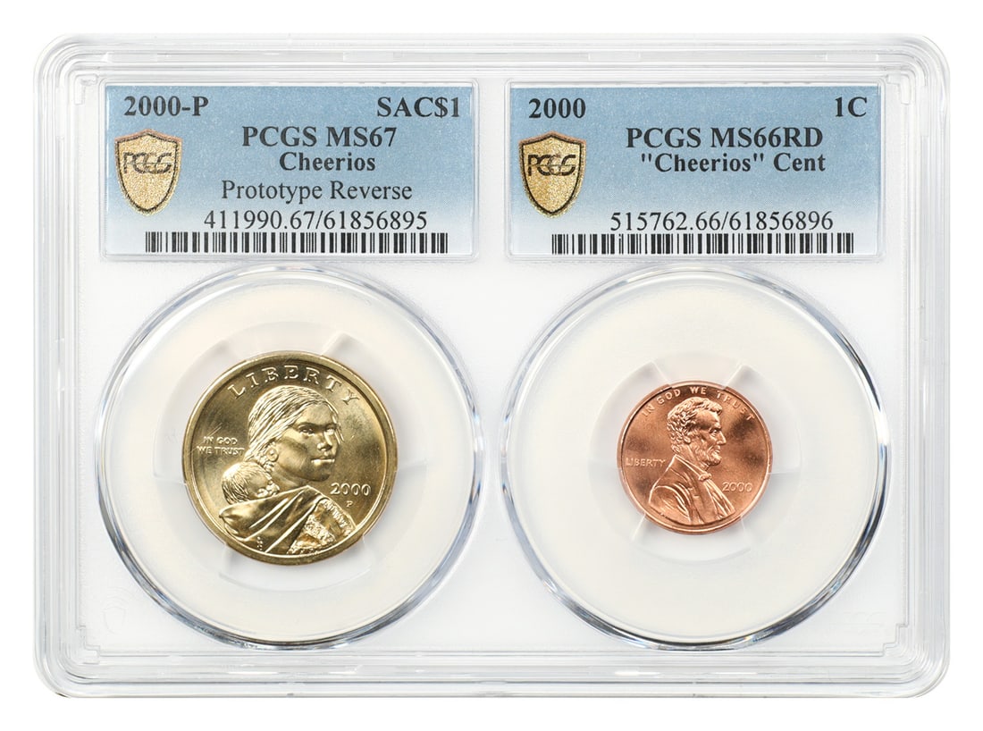 PCGS 2000-P Cheerios 1C and Sacagawea Dollar 2 Coin Set COA: PCGS 2000-P Cheerios 1C and Sacagawea Dollar 2 Coin Set COA A pre-owned 2000-P Cheerios set featuring a Lincoln cent and a Sacagawea dollar, both housed in a dual holder and accompanied by a COA. The 