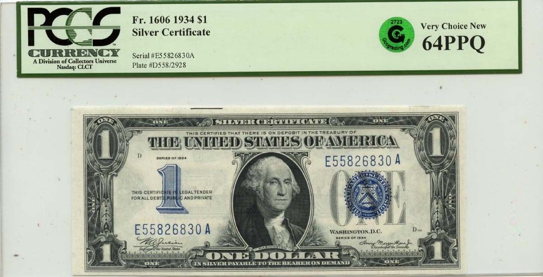 1934 United States $1 Silver Certificate PCGS MS64 PPQ: 1934 United States $1 Silver Certificate PCGS MS64 PPQ This is a 1934 $1 Silver Certificate from the United States, graded MS64 and certified by PCGS Currency. The note is uncirculated and features th