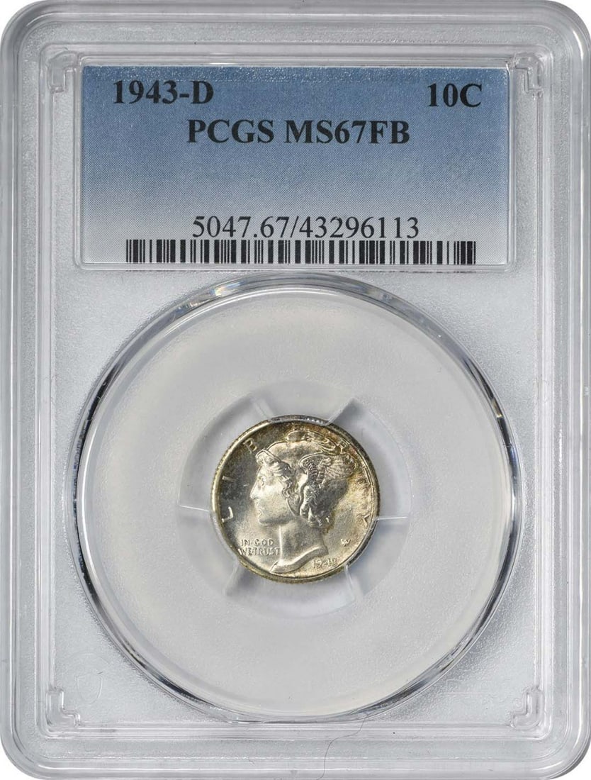 1943-D/D Mercury Silver Dime MS67FB PCGS Uncirculated: 1943-D/D Mercury Silver Dime MS67FB PCGS Uncirculated This 1943-D/D Mercury Silver Dime is a remarkable collectible, graded MS67FB by PCGS, indicating its high quality and uncirculated condition. Stru