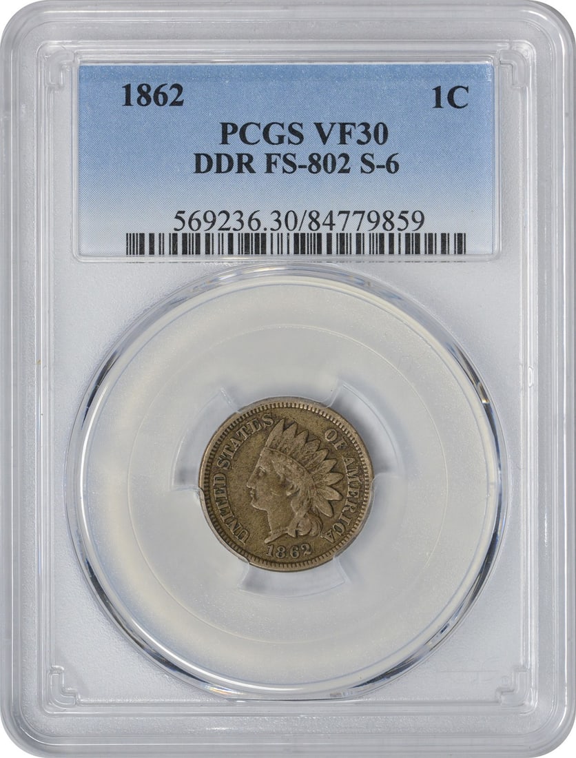 PCGS VF30 1862 Indian Head Copper Cent DDR FS-801 S-6: PCGS VF30 1862 Indian Head Copper Cent DDR FS-801 S-6 This is an 1862 Indian Head Cent graded VF30 by PCGS. The coin is a circulated example and features the DDR FS-801 S-6 variety. It is composed of 