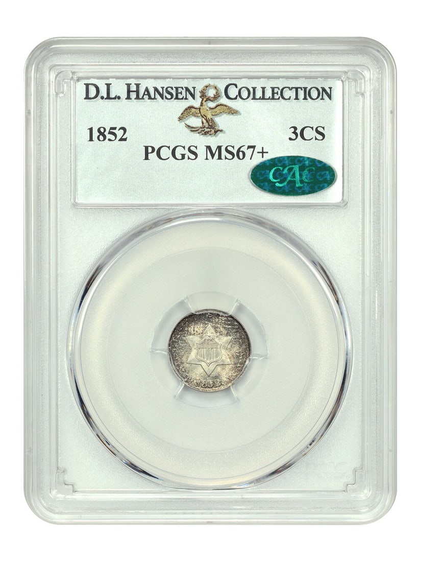 1852 Three Cent Silver 3CS PCGS CAC MS67+ D.L. Hansen: 1852 Three Cent Silver 3CS PCGS CAC MS67+ D.L. Hansen 1852 Three Cent Silver coin graded MS67+ by PCGS and CAC, with certification number 37772205. This uncirculated Philadelphia issue is presented as