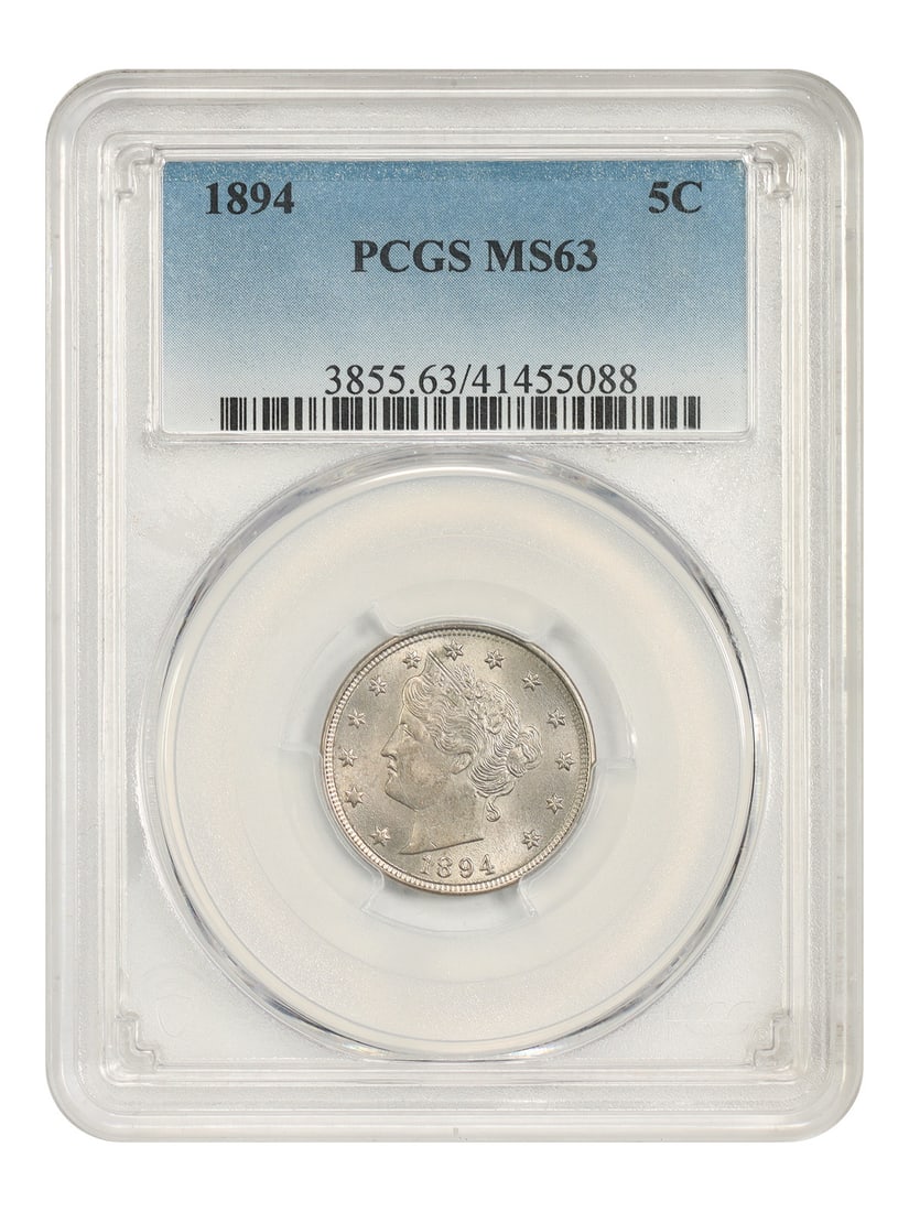 1894 Liberty Nickel 5C PCGS MS63 Uncirculated: 1894 Liberty Nickel 5C PCGS MS63 Uncirculated An 1894 5C Liberty Nickel graded MS63 by PCGS. This uncirculated coin was minted in Philadelphia and is pre-owned. Certification number 41455088 is provid