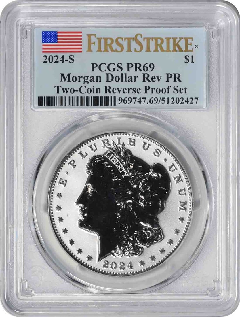 PCGS PR69 2024-S Morgan Silver Dollar Reverse Proof Set: PCGS PR69 2024-S Morgan Silver Dollar Reverse Proof Set This is a 2024-S Morgan Silver Dollar from the United States, featuring a proof strike and graded PR69 by PCGS. The coin is uncirculated and is 