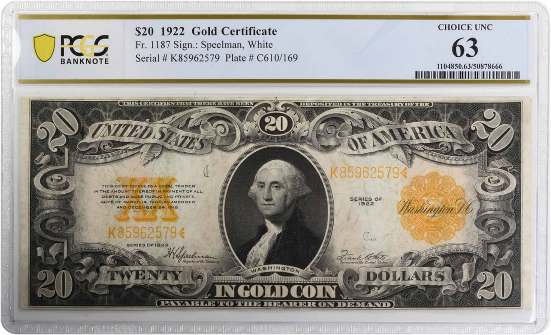 1922 Twenty Dollar Gold Certificate PCGS Graded Uncirculated 63: 1922 Twenty Dollar Gold Certificate PCGS Graded Uncirculated 63 This is a 1922 $20 Gold Certificate from the United States, graded Choice Uncirculated 63 by PCGS. The note features a denomination of t