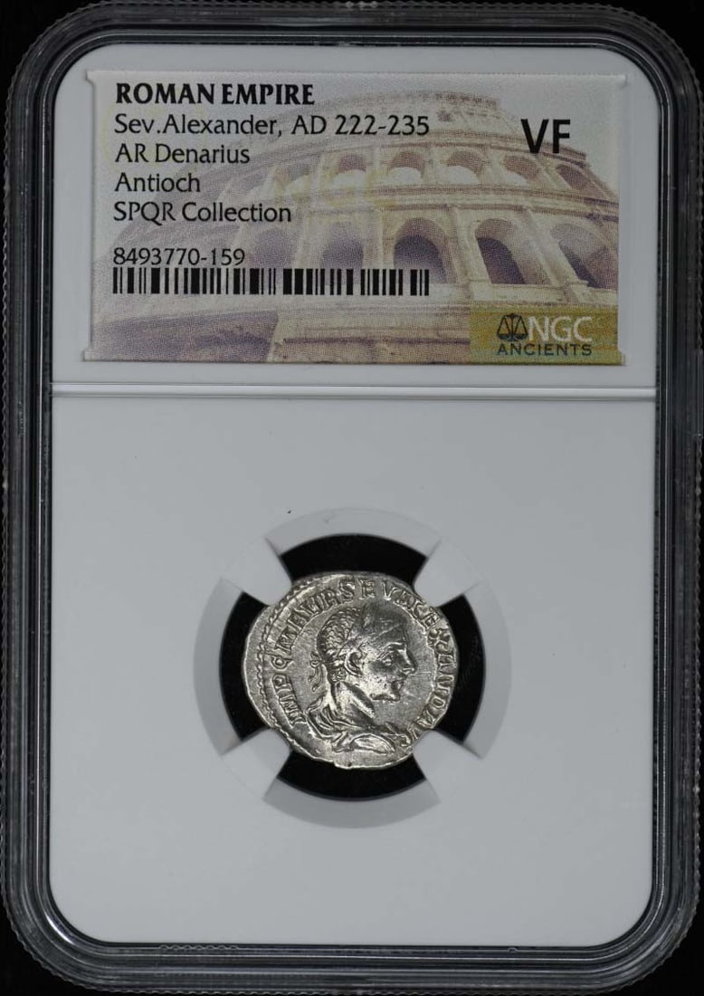 NGC Certified AR Denarius of Severus Alexander Roman Empire VF20: NGC Certified AR Denarius of Severus Alexander Roman Empire VF20 This is a Roman Empire AR Denarius coin from the reign of Severus Alexander, dated AD 222-235. The coin has been graded VF (Very Fine) 