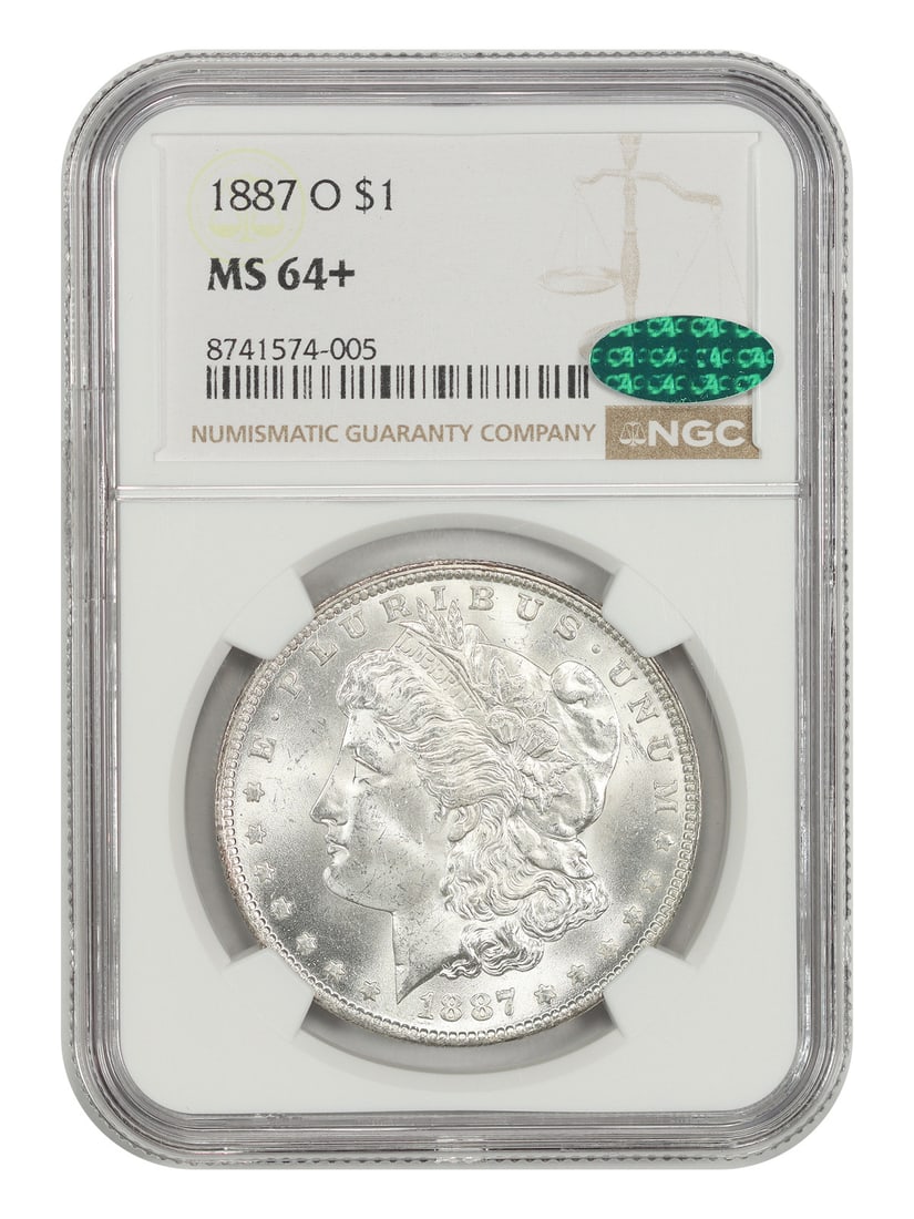 1887 O Morgan Dollar $1 NGC MS64+ CAC New Orleans Mint: 1887 O Morgan Dollar $1 NGC MS64+ CAC New Orleans Mint This is an 1887-O Morgan Dollar $1 from the New Orleans Mint. It is uncirculated, certified by NGC, and carries certification number 8741574005. 