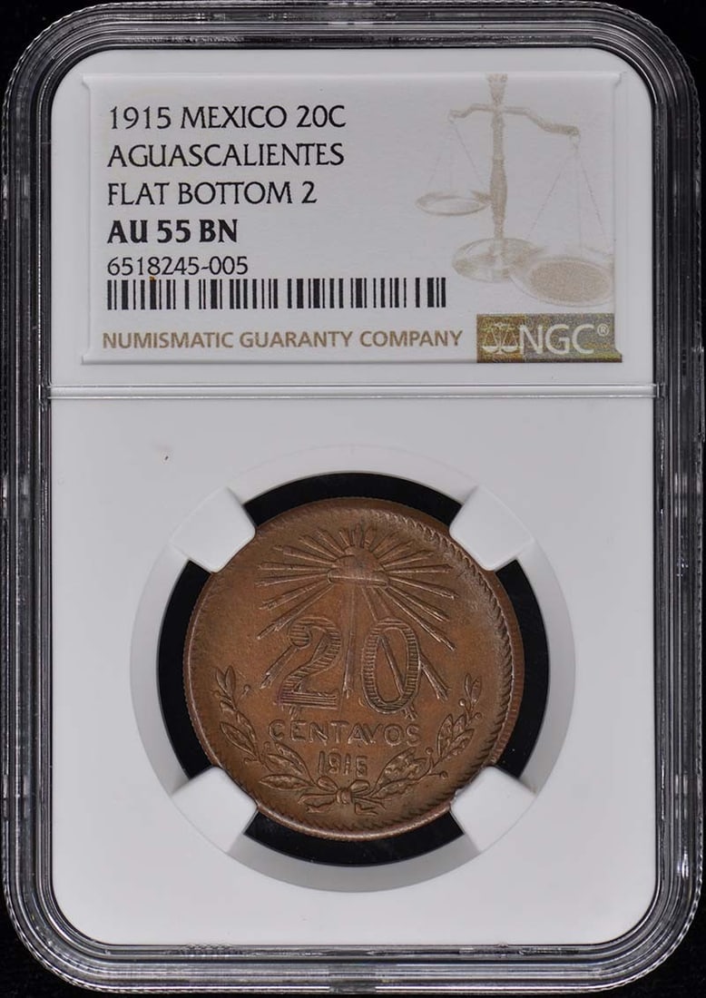 1915 Mexico Aguascalientes 20 Centavos NGC AU55 Certified Coin: 1915 Mexico Aguascalientes 20 Centavos NGC AU55 Certified Coin This is a 1915 Aguascalientes 20 Centavos coin from Mexico, graded AU55 by NGC. The coin is circulated and shows signs of previous handli