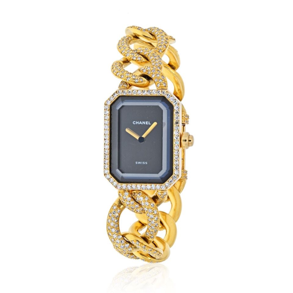 Chanel Premiere Chaine 18K Yellow Gold Diamond Black Dial Watch H0114: Chanel Premiere Chaine 18K Yellow Gold Diamond Black Dial Watch H0114 Discover the elegance of the Chanel 18K Yellow Gold Premier Diamond Black Dial Watch, a stunning vintage timepiece that showcases 