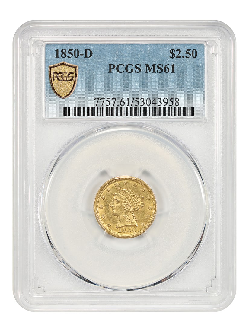 1850-D Dahlonega Liberty Head Quarter Eagle PCGS MS61 $2.50 Gold Coin: 1850-D Dahlonega Liberty Head Quarter Eagle PCGS MS61 $2.50 Gold Coin 1850-D Liberty Head $2.50 gold coin certified by PCGS and graded MS61. Minted at Dahlonega, this uncirculated Quarter Eagle is des
