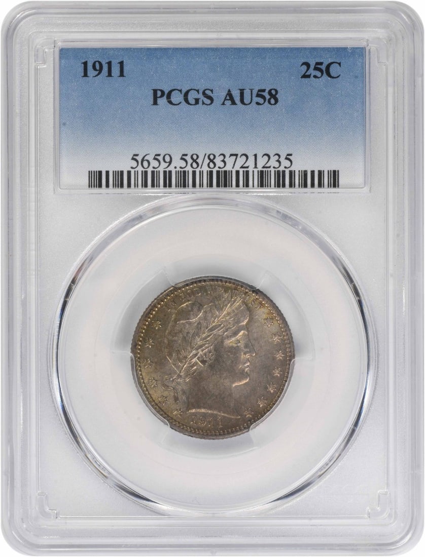 1911 AU58 Barber Quarter Certified by PCGS 90 Percent Silver: 1911 AU58 Barber Quarter Certified by PCGS 90 Percent Silver This 1911 Barber Silver Quarter was struck at the Philadelphia Mint and is graded AU58 by PCGS. Designed by Charles E. Barber, this pre-own