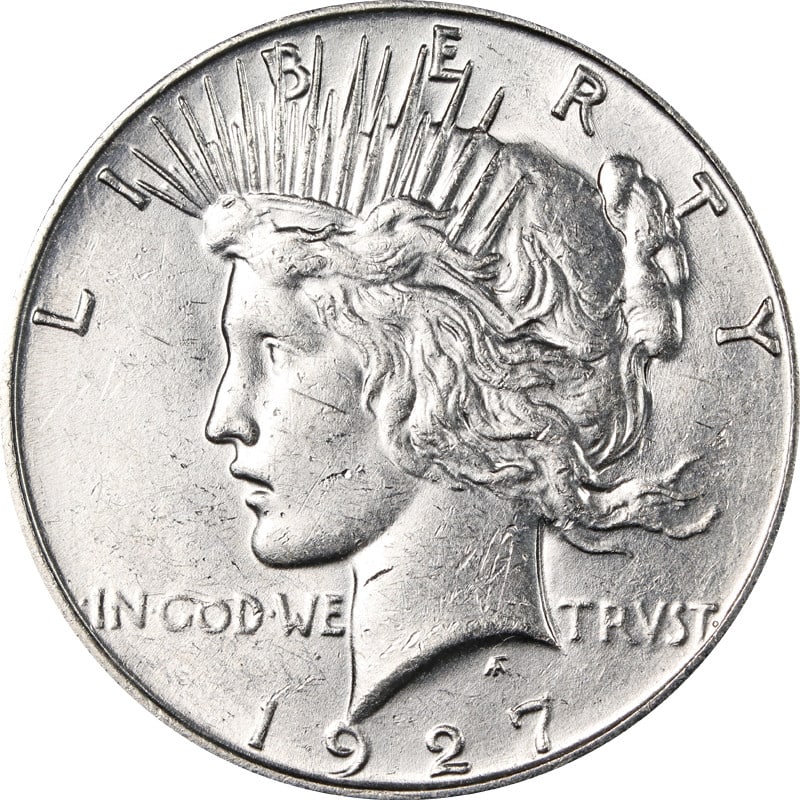 1927 San Francisco Mint Silver Peace Dollar United States Coin: 1927 San Francisco Mint Silver Peace Dollar United States Coin This is a 1927-S Peace Dollar from the United States, minted in San Francisco. The coin is composed of silver with a fineness of 0.9 and 