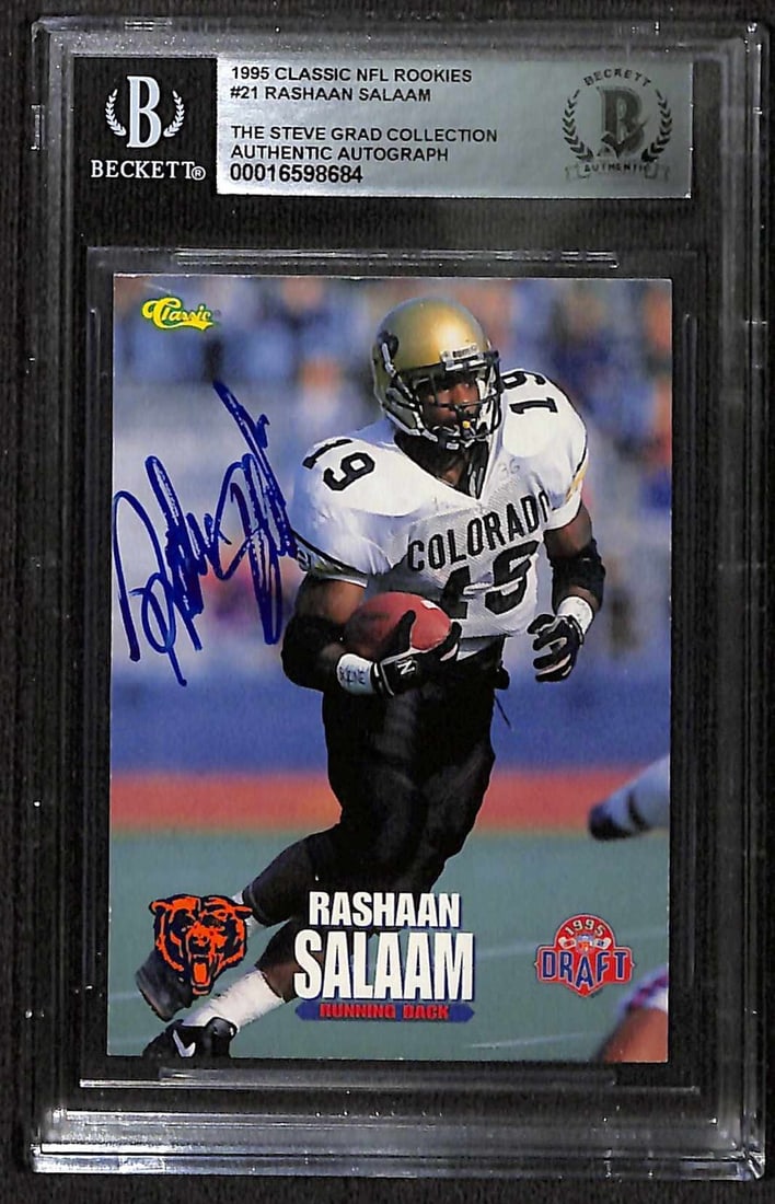 Rashaan Salaam Signed 1995 Classic NFL Rookies #21 Card Beckett Authentic: Rashaan Salaam Signed 1995 Classic NFL Rookies #21 Card Beckett Authentic This is an original autographed sports trading card featuring Rashaan Salaam, the former Chicago Bears running back. The card 
