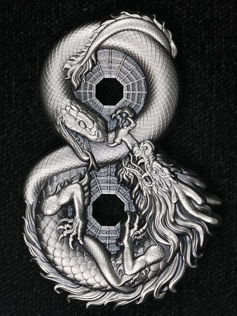 2025 Chad 3 Ounce Silver 15000 Francs Dragon Snake Coin OGP: 2025 Chad 3 Ounce Silver 15000 Francs Dragon Snake Coin OGP This exquisite 2025 Chad 3 Ounce Silver coin features the captivating Figure 8 design of a Dragon and Snake. With a composition of 0.999 fin