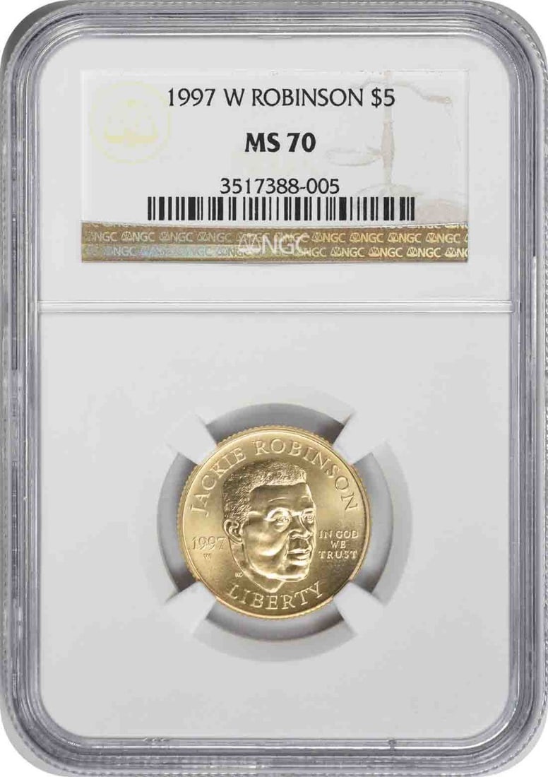 1997 W Five Dollar Gold Coin MS70 NGC Jackie Robinson Commemorative: 1997 W Five Dollar Gold Coin MS70 NGC Jackie Robinson Commemorative This 1997-W Jackie Robinson Commemorative $5 gold coin is graded MS70 by NGC, indicating a flawless, uncirculated condition. Struck 