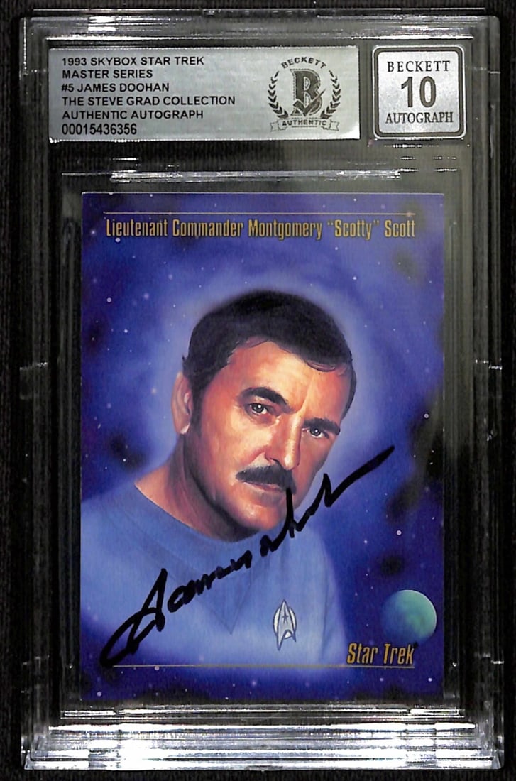 James Doohan Autographed 1993 Skybox Star Trek Card Grade 10 Beckett: James Doohan Autographed 1993 Skybox Star Trek Card Grade 10 Beckett This autographed 1993 Skybox Star Trek Master Series #5 trading card features the signature of James Doohan, a celebrated actor kno
