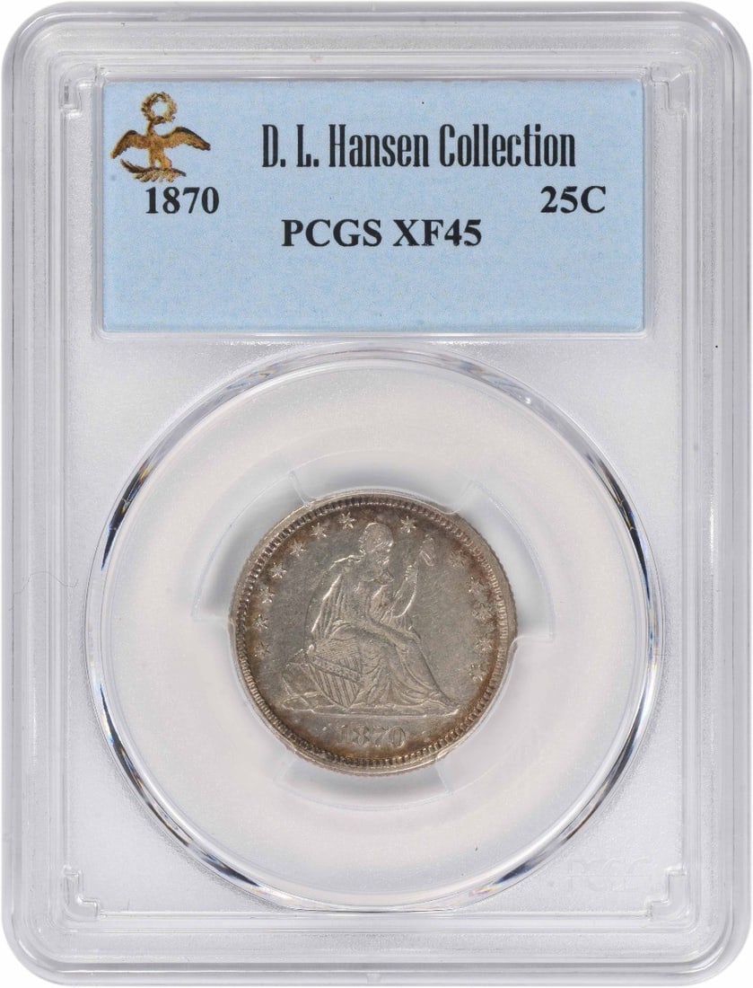 1870 Seated Liberty 25C Silver Quarter PCGS EF45: 1870 Seated Liberty 25C Silver Quarter PCGS EF45 This 1870 Liberty Seated Silver Quarter is graded EF45 by PCGS, indicating a well-preserved circulated coin with clear details. Composed of silver, thi