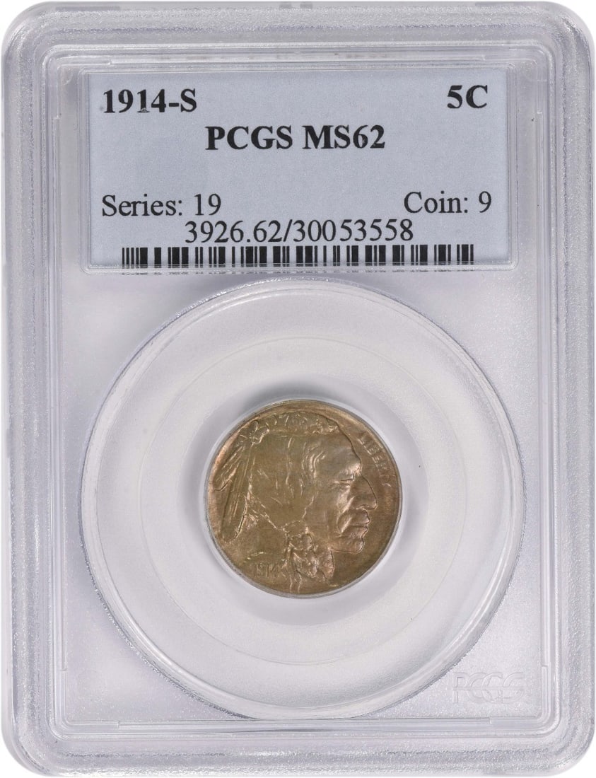 San Francisco 1914 5C Buffalo Nickel PCGS MS62 Certified: San Francisco 1914 5C Buffalo Nickel PCGS MS62 Certified This 1914-S Buffalo Nickel is graded MS62 by PCGS, indicating an uncirculated condition. The coin was minted in San Francisco and designed by J