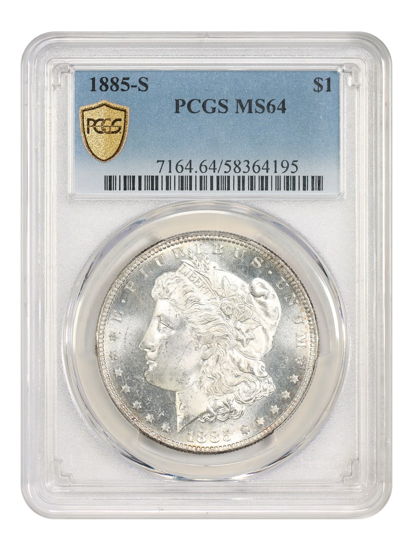 PCGS MS64 1885-S Morgan Dollar San Francisco $1 Coin: PCGS MS64 1885-S Morgan Dollar San Francisco $1 Coin 1885-S Morgan Dollar $1 certified by PCGS with an MS64 grade. This San Francisco issue is noted as a lower mintage coin that circulated quite heavi
