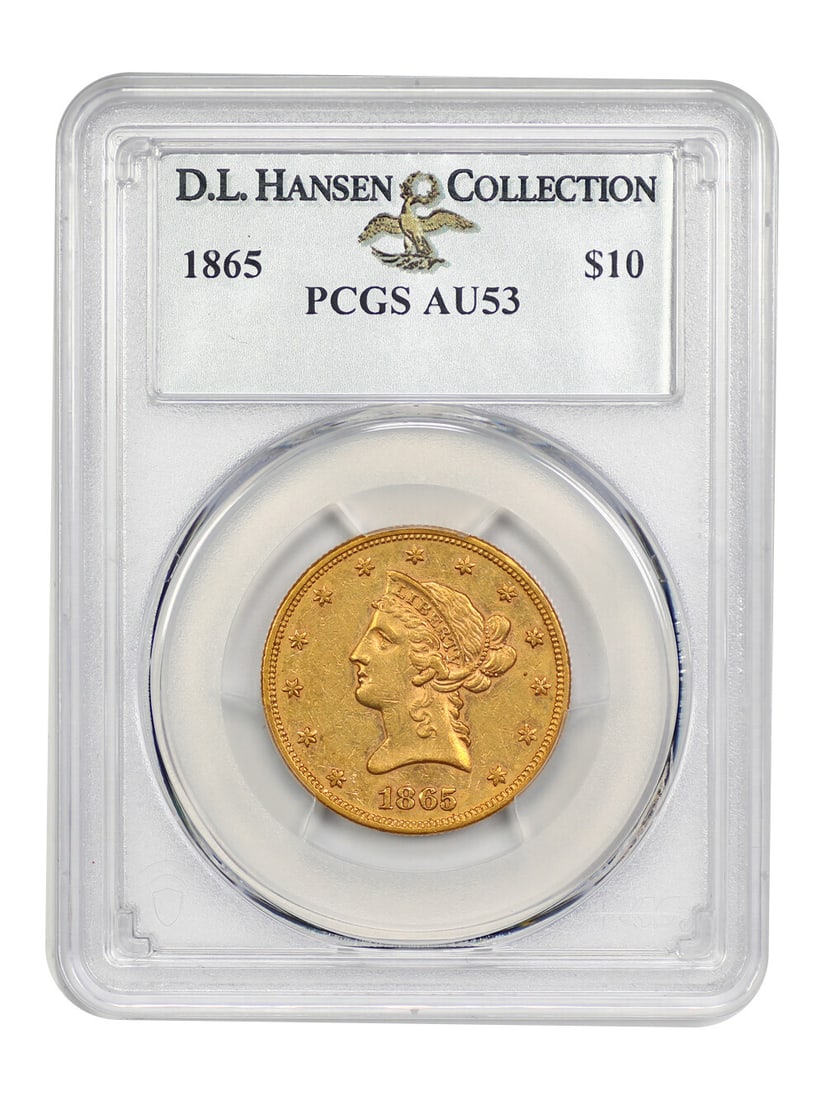 1865 $10 Liberty Head Gold Coin PCGS AU53 Rare Minted 3980: 1865 $10 Liberty Head Gold Coin PCGS AU53 Rare Minted 3980 This 1865 $10 Liberty Head Gold Coin is certified by PCGS with a grade of AU53, denoting its high quality and appeal. The coin originates fro
