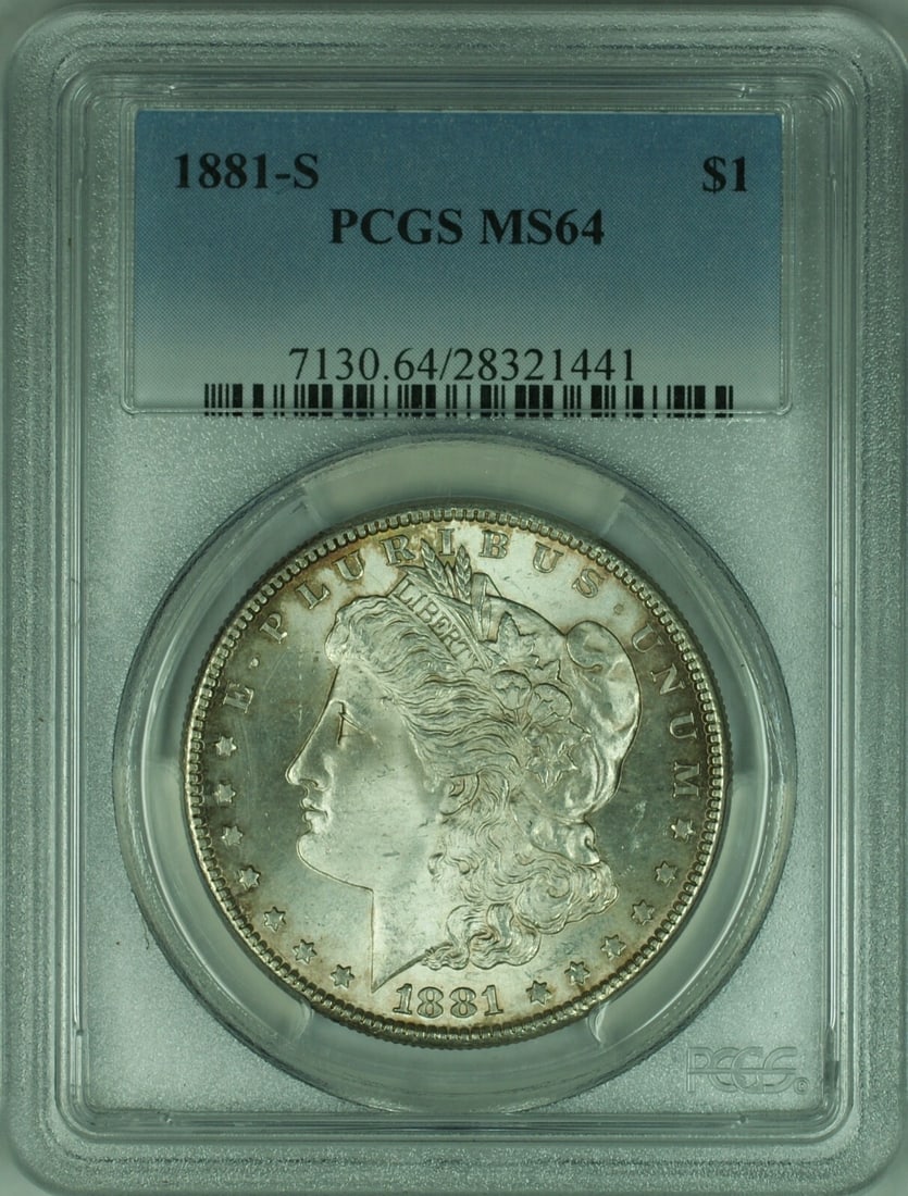 PCGS MS64 1881-S Morgan Silver Dollar: PCGS MS64 1881-S Morgan Silver Dollar This 1881-S Morgan Silver Dollar is an uncirculated coin graded MS64 by PCGS. Minted in San Francisco, it features a lightly toned finish and is composed of silve