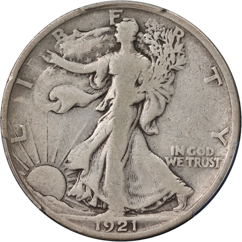 PCGS VG10 1921 S Walking Liberty Half Dollar: PCGS VG10 1921 S Walking Liberty Half Dollar 1921-S Walking Liberty Half graded PCGS VG10. This circulated silver coin is noted for its great eye appeal, nice strike, great color, and great surfaces. 