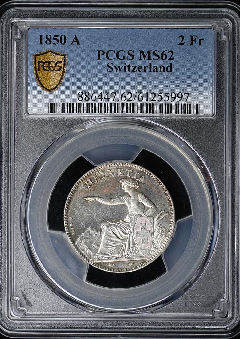 Switzerland 1850 2 Francs PCGS MS62 Certified Coin: Switzerland 1850 2 Francs PCGS MS62 Certified Coin This 1850 2 Franc coin from Switzerland is graded MS62 by PCGS, indicating it is in un-used condition. Certified with number 61255997, this pre-owned