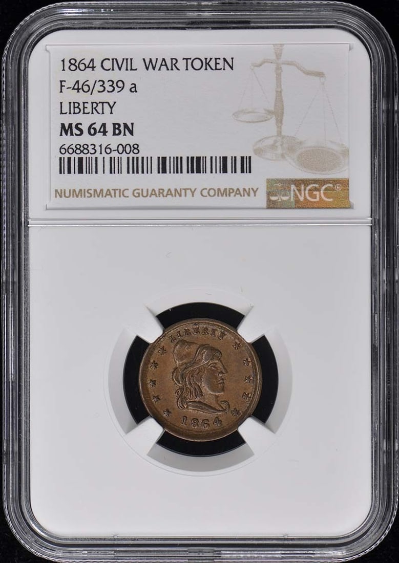 1864 United States Civil War Token NGC MS64 Brown: 1864 United States Civil War Token NGC MS64 Brown This is an 1864 Civil War token, cataloged as F-46/339 a, graded MS64 Brown (BN) by NGC. The token is uncirculated and originates from the United Stat