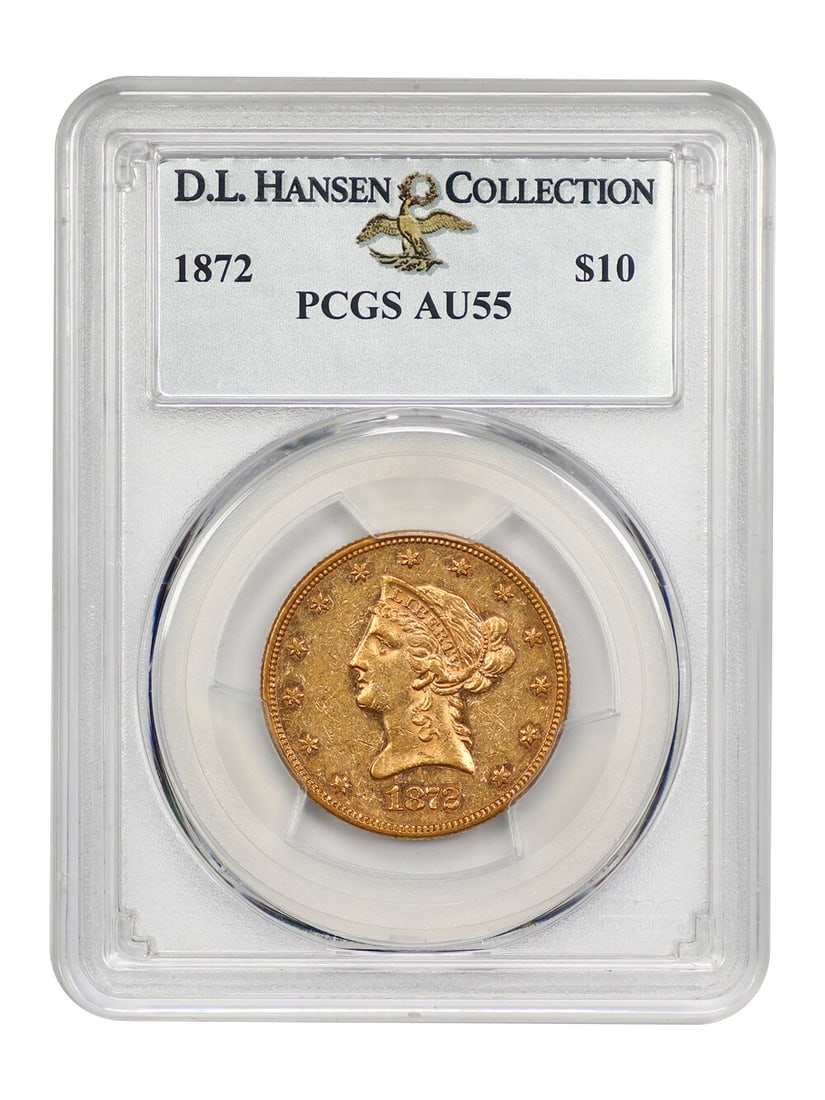 1872 $10 Liberty Head Gold Coin PCGS AU55 Key Issue: 1872 $10 Liberty Head Gold Coin PCGS AU55 Key Issue This 1872 $10 Liberty Head coin, certified by PCGS with a grade of AU55, is a highly sought-after piece due to its low mintage of only 1,620 coins. 