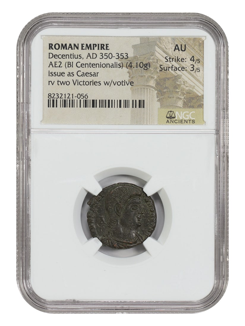 NGC AU Ancient Roman Decentius AE2 BI Centenionalis AD 350-353: NGC AU Ancient Roman Decentius AE2 BI Centenionalis AD 350-353 Ancient Roman AE2 (BI Centenionalis) of Decentius (AD 350-353), certified NGC AU and weighing 4.1 g. This pre-owned coin is a tangible pi