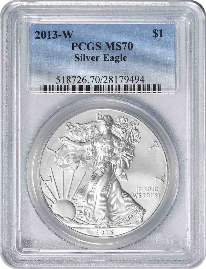 2013 W American Silver Eagle 1 oz Burnished PCGS SP70: 2013 W American Silver Eagle 1 oz Burnished PCGS SP70 This 2013-W American Silver Eagle features a burnished strike and is graded SP70 by PCGS, indicating a coin in superb condition with no visible im
