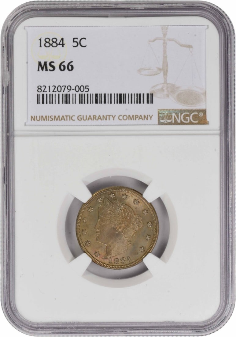 1884 Liberty Nickel MS66 Certified NGC Uncirculated 5C: 1884 Liberty Nickel MS66 Certified NGC Uncirculated 5C This 1884 Liberty Nickel is graded MS66 by NGC, indicating its exceptional uncirculated condition. Minted in Philadelphia, this coin features a c