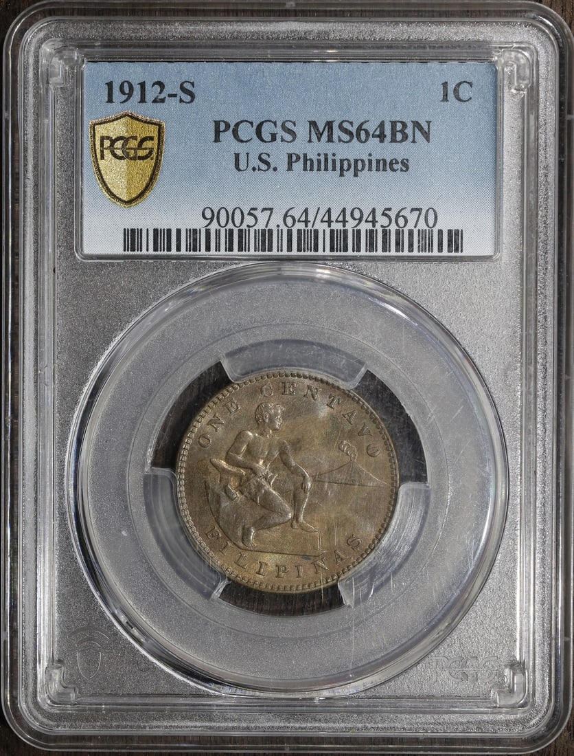1912-S Philippines Bronze Centavo PCGS MS64BN: 1912-S Philippines Bronze Centavo PCGS MS64BN This is a 1912-S US Philippines One Centavo coin, graded MS64BN by PCGS. Struck in bronze during the U.S. administration of the Philippines (1898-1946), t