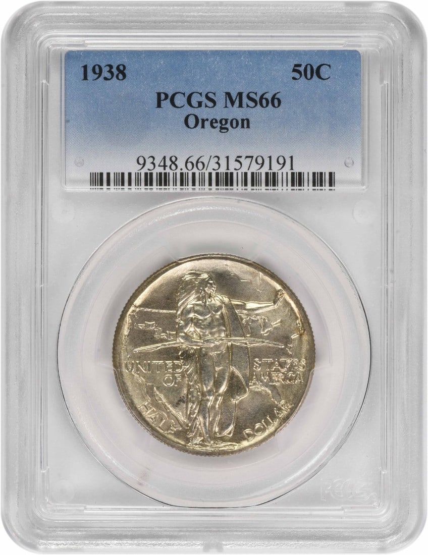 1938 Silver Half Dollar MS66 PCGS United States Commemorative Coin: 1938 Silver Half Dollar MS66 PCGS United States Commemorative Coin This is a 1938 Oregon Commemorative Silver Half Dollar graded MS66 by PCGS. The coin is uncirculated, features a silver composition, 