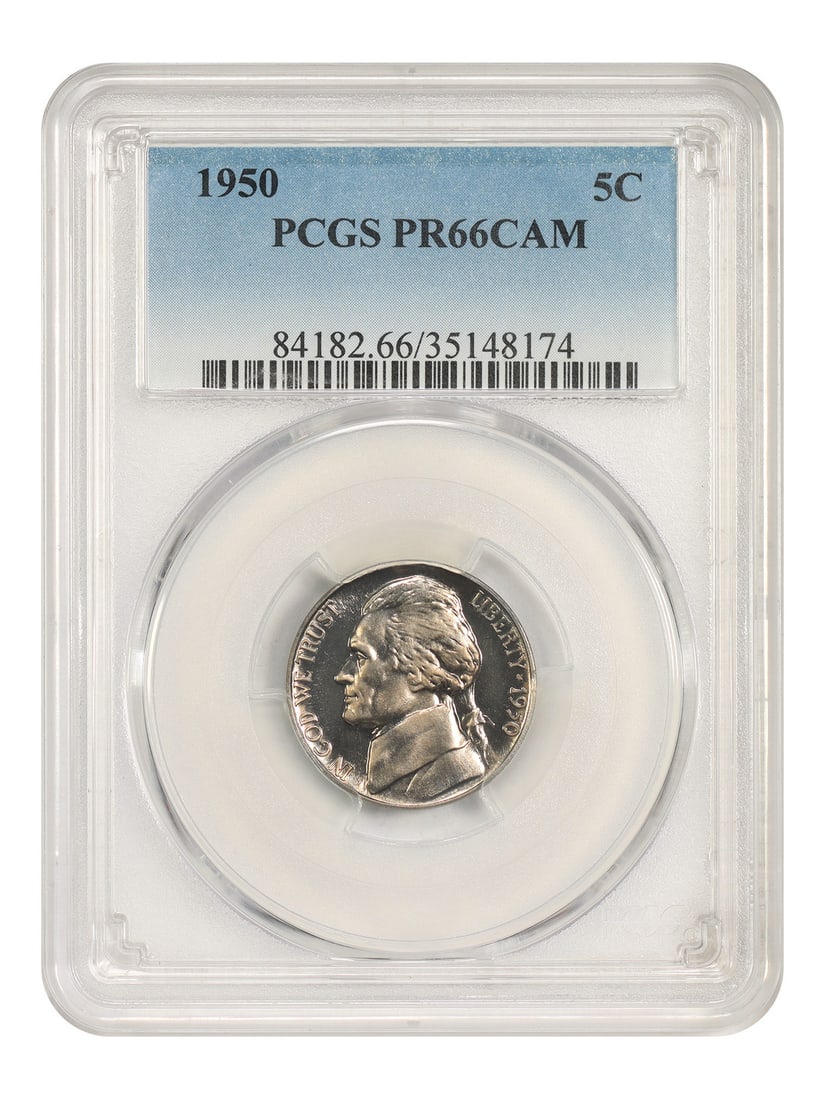 Jefferson Nickel 1950 5C PCGS PR66CAM Philadelphia: Jefferson Nickel 1950 5C PCGS PR66CAM Philadelphia 1950 Jefferson Nickel, denomination 5C, struck at the Philadelphia Mint and certified by PCGS as PR66CAM. The coin is uncirculated and pre-owned. Spe