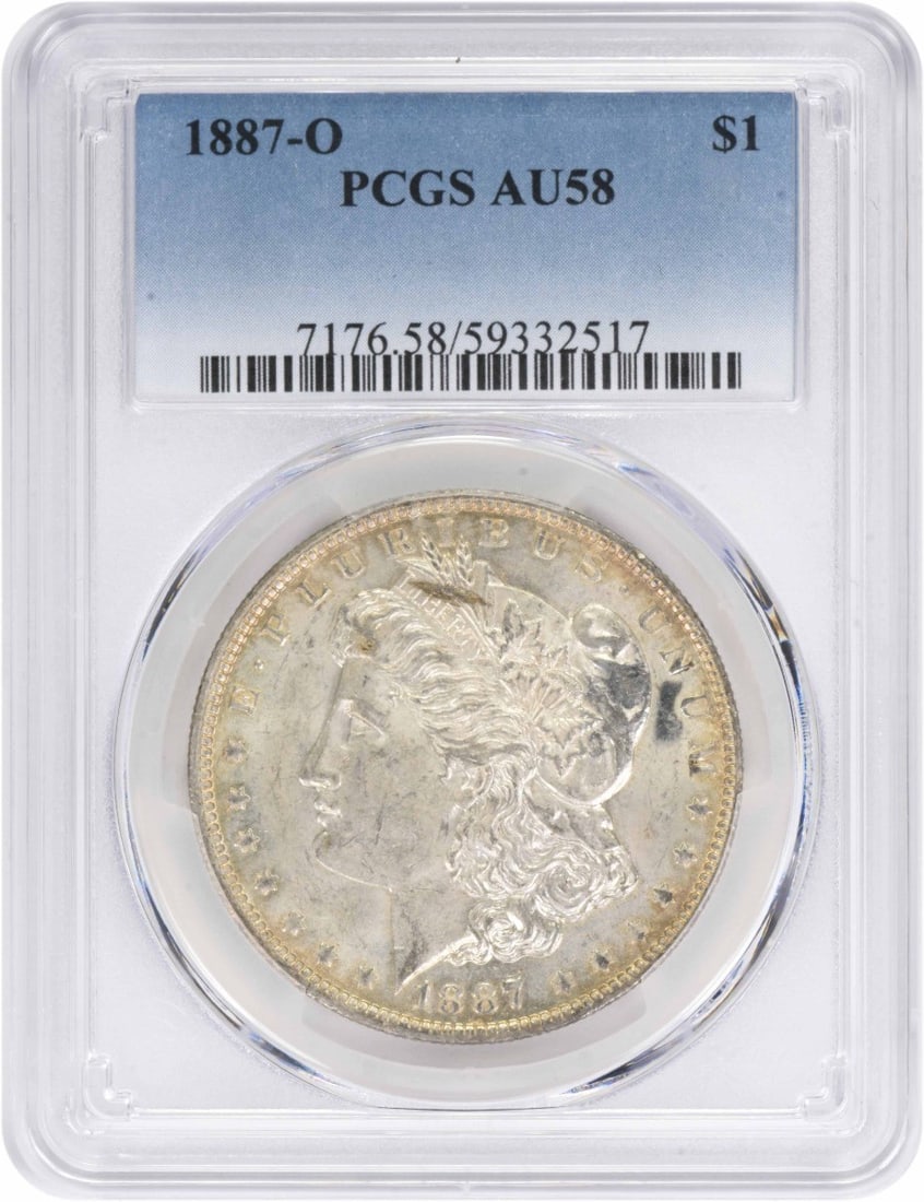 PCGS AU58 1887 O $1 Morgan Silver Coin: PCGS AU58 1887 O $1 Morgan Silver Coin An 1887-O Morgan Silver Dollar certified by PCGS and graded AU58. This United States $1 coin is composed of silver and is listed as pre-owned and circulated. Spe