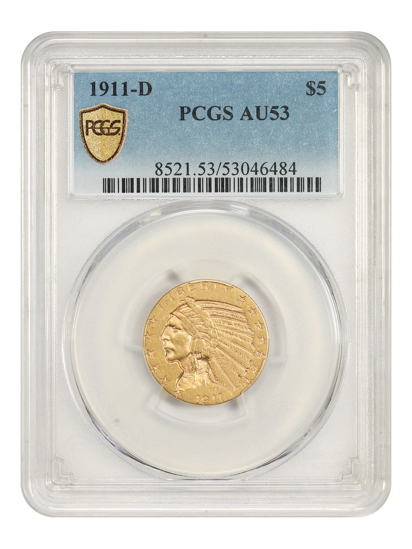 PCGS AU53 1911-D Indian Half Eagle $5 Key Date: PCGS AU53 1911-D Indian Half Eagle $5 Key Date A 1911-D $5 Indian Half Eagle certified by PCGS AU53. This circulated example of Bela Lyon Pratt's incuse design is noted as a key date in the Indian Hal