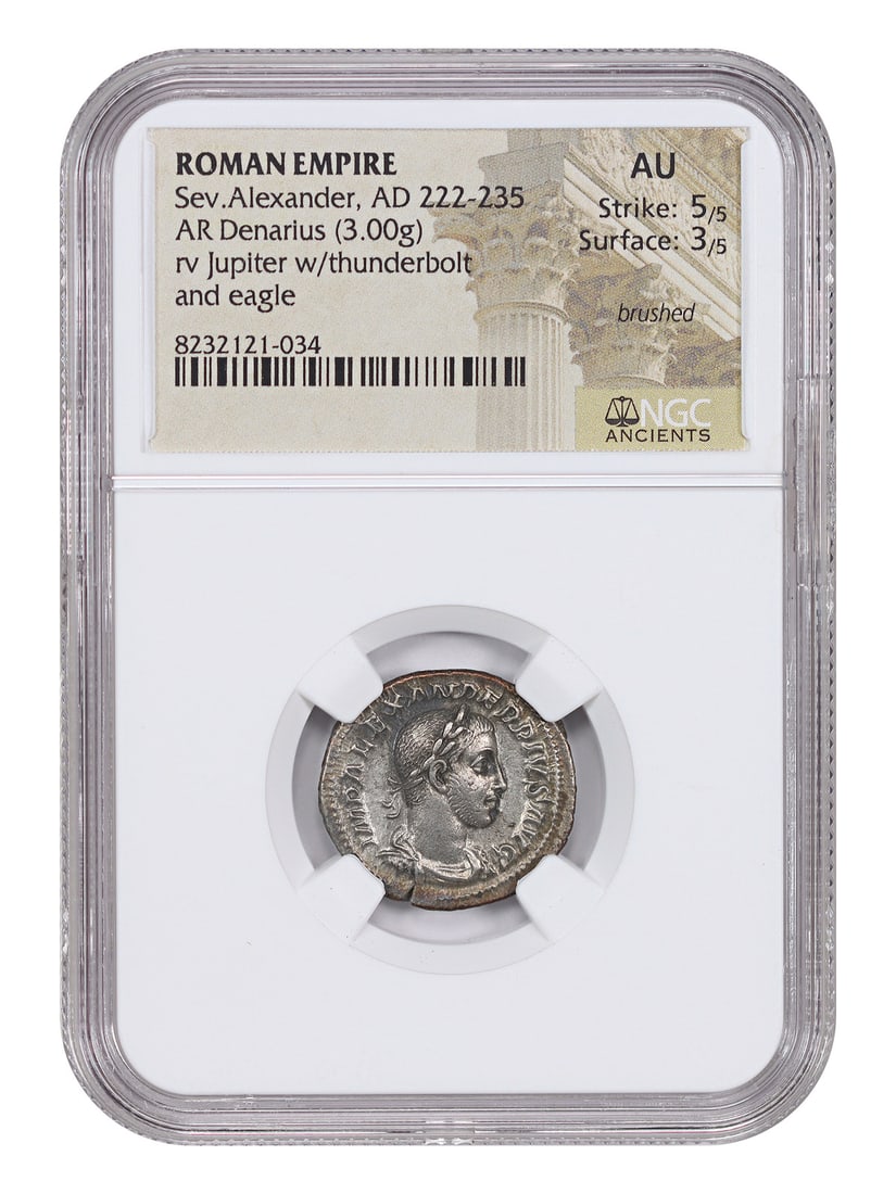 NGC AU Ancient Roman AR Denarius of Severus Alexander Brushed: NGC AU Ancient Roman AR Denarius of Severus Alexander Brushed Ancient Roman AR denarius of Severus Alexander (AD 222-235), certified NGC AU with a brushed surface. This pre-owned coin was minted durin