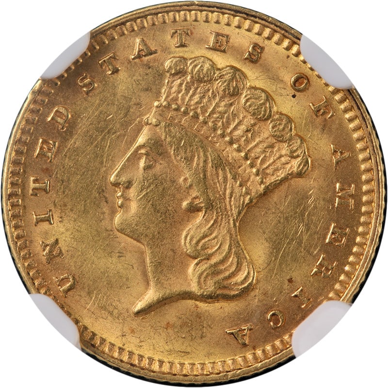 NGC MS62 1874 Indian Princess Type 3 Gold Dollar: NGC MS62 1874 Indian Princess Type 3 Gold Dollar 1874 Type 3 Indian Princess Gold $1 coin certified by NGC and graded MS62. It is described as uncirculated and pre-owned, with great eye appeal, fantas