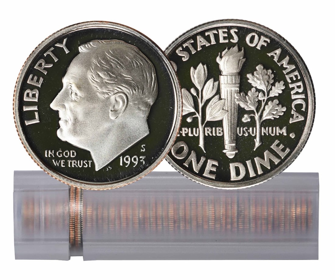 50 Coin Proof Roosevelt Dimes 1993 S Clad Roll: 50 Coin Proof Roosevelt Dimes 1993 S Clad Roll This listing features a roll of 50 uncirculated 1993-S Proof Roosevelt Dimes. Each dime is composed of clad material and was struck as a proof at the San