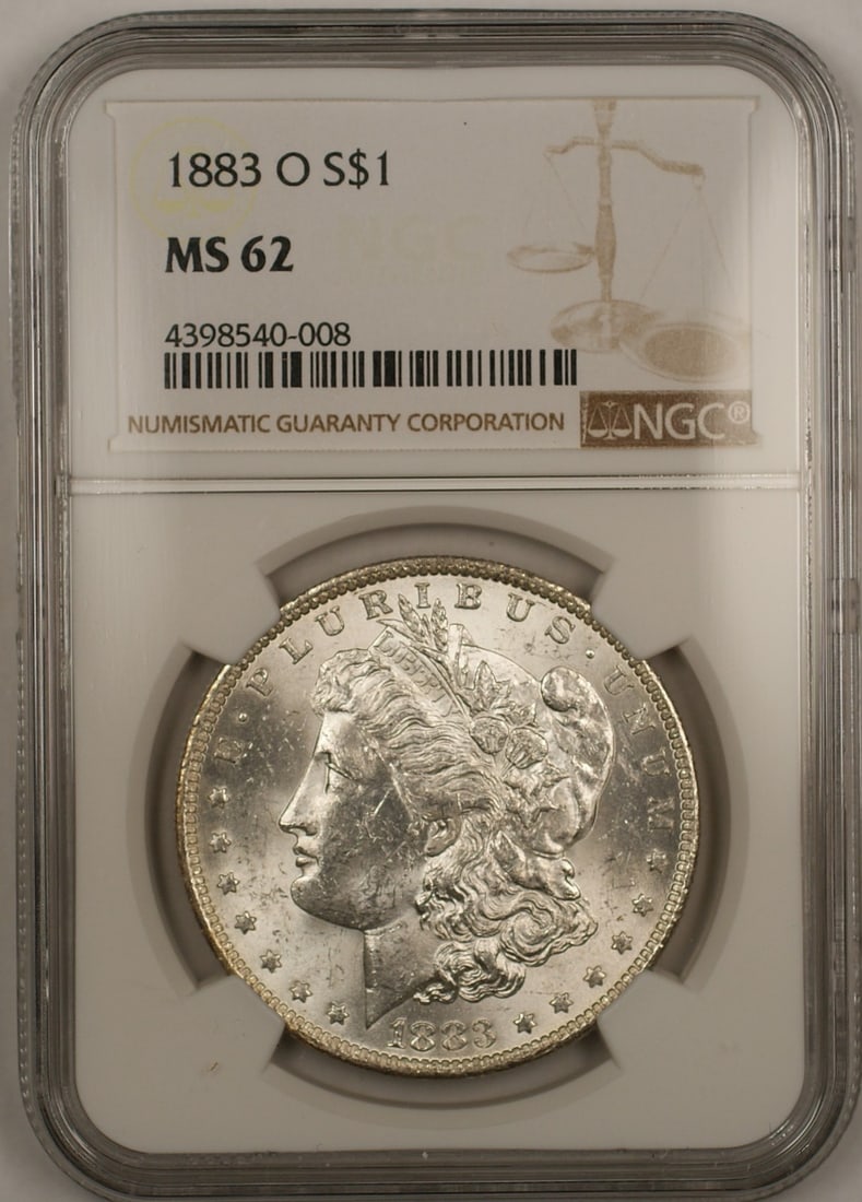 NGC MS62 1883 New Orleans Morgan Dollar Silver United States $1 Coin: NGC MS62 1883 New Orleans Morgan Dollar Silver United States $1 Coin This 1883-O Morgan Silver Dollar is a $1 coin from the United States, minted in New Orleans. It is composed of silver and is certif