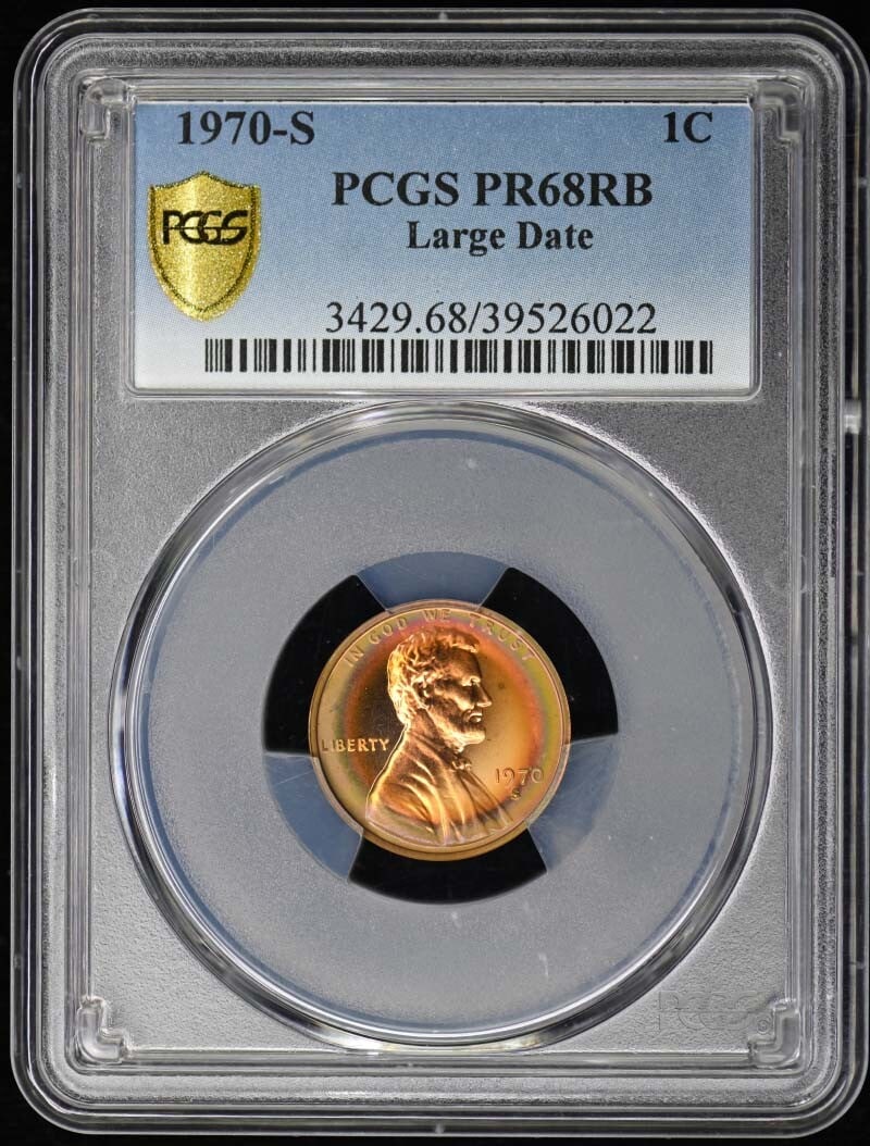 1970-S Lincoln Cent PR68RB Copper Type 3 Memorial Reverse PCGS: 1970-S Lincoln Cent PR68RB Copper Type 3 Memorial Reverse PCGS This is a stunning 1970-S Lincoln Cent featuring the Large Date and Type 3 Memorial Reverse design. Graded PR68RB by PCGS, this coin repr