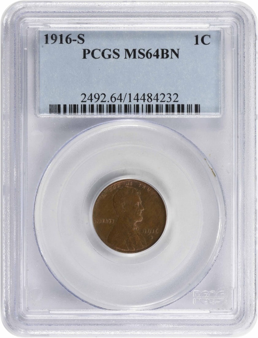 PCGS MS64BN 1916-S Lincoln Wheat Small Cent Copper: PCGS MS64BN 1916-S Lincoln Wheat Small Cent Copper This 1916-S Lincoln Wheat Cent is graded MS64BN by PCGS, indicating a high-quality, uncirculated coin with brown coloration. Composed of copper, this