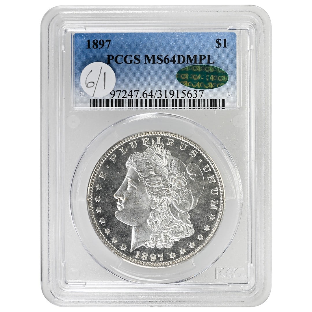 1897 Morgan silver dollar PCGS CAC MS64DMPL Philadelphia: 1897 Morgan silver dollar PCGS CAC MS64DMPL Philadelphia This 1897 Morgan Dollar is an uncirculated coin graded MS64DMPL by PCGS, with CAC approval. It features a Deep Mirror Proof-Like strike and is 