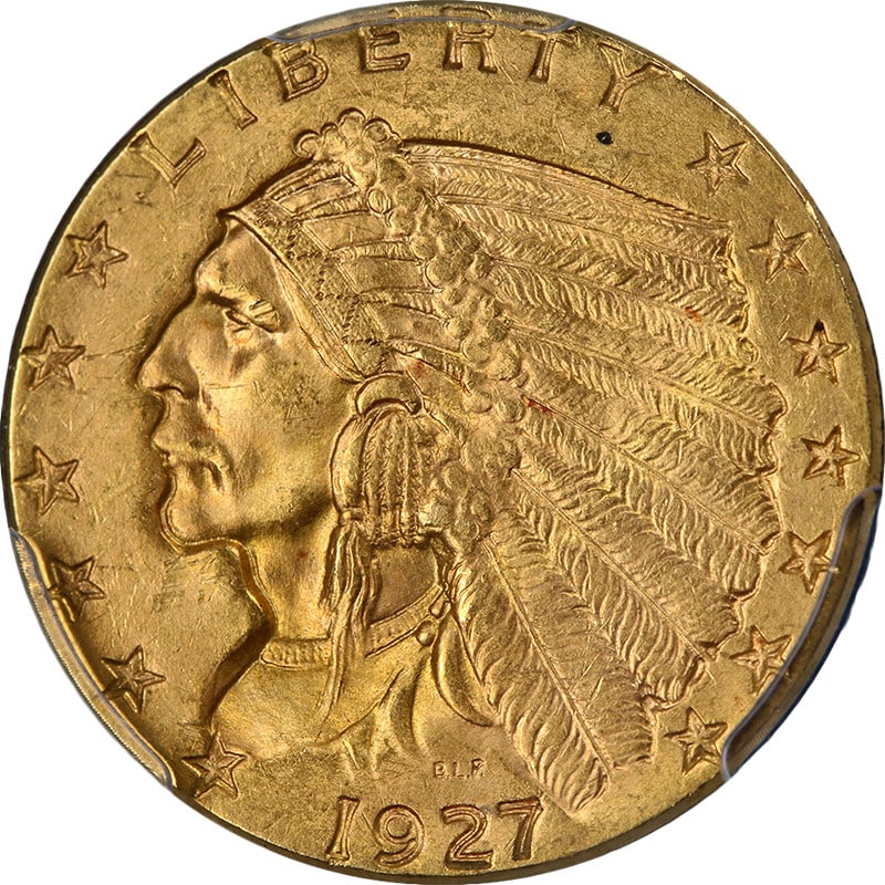 1927 United States $2.50 Indian Gold Coin PCGS MS64 Uncirculated: 1927 United States $2.50 Indian Gold Coin PCGS MS64 Uncirculated This original 1927 Indian Gold $2.50 coin is graded PCGS MS64, showcasing a strong strike and attractive luster. The coin features grea